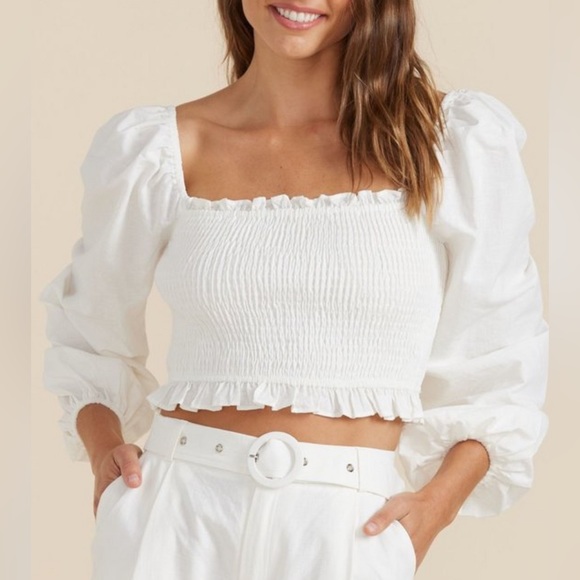 MinkPink Top White Cropped Puff Sleeve Linen Blend - Picture 4 of 5